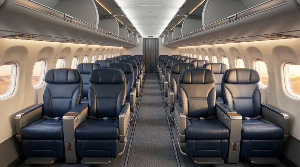 An empty aircraft cabin with wide two-by-two leather seats and daylight falling down the aisle.