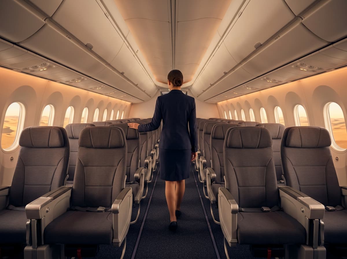 A cabin crew member walks away down an aircraft aisle with a hand resting on a seatback.