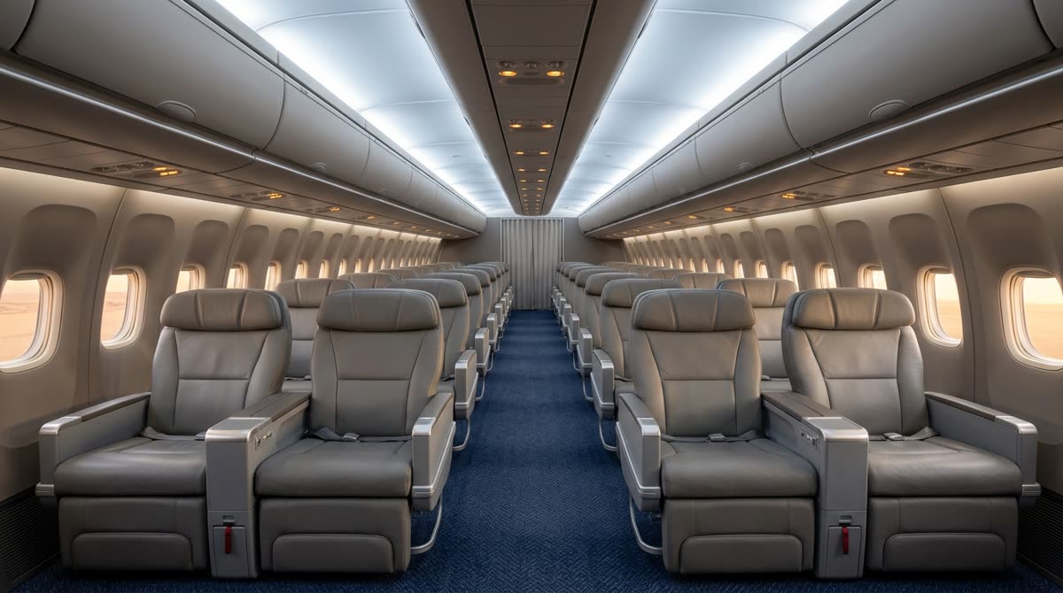A cabin viewed down the aisle where every row is the same wide premium recliner seat.