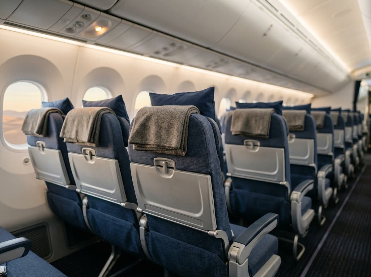 Identical aircraft seatbacks in a row, each with a folded blanket and plain pillow on the headrest.