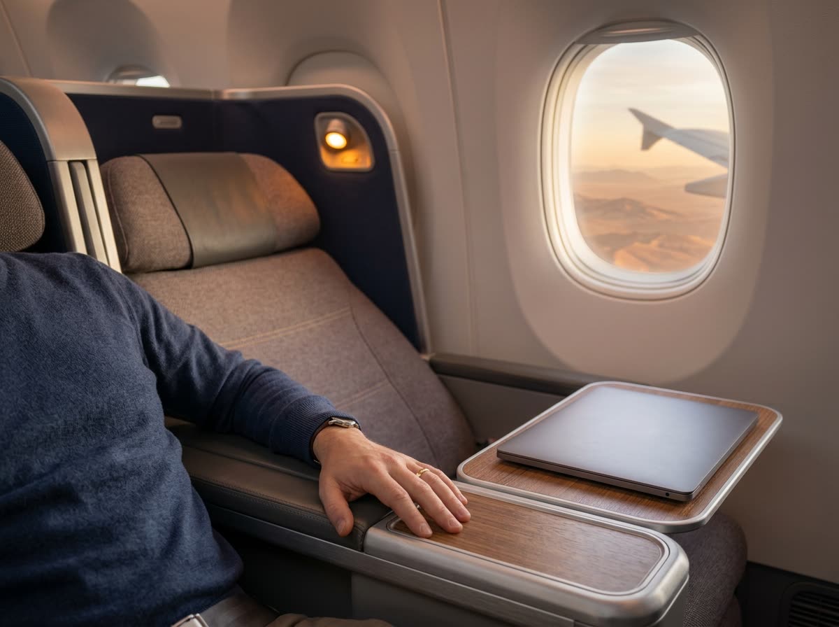 A passenger's shoulder and hand rest on a wide armrest beside a closed laptop and a cabin window.