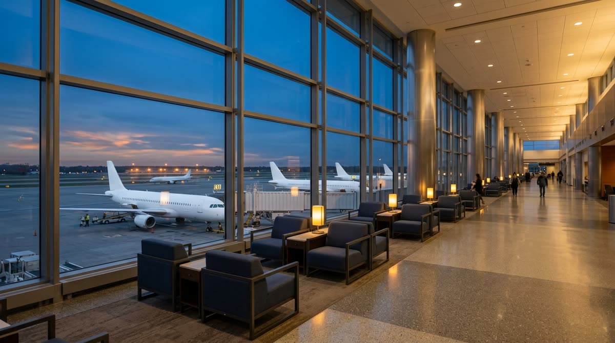An airport departure hall at dusk with lounge seating and plain white aircraft at gates outside.