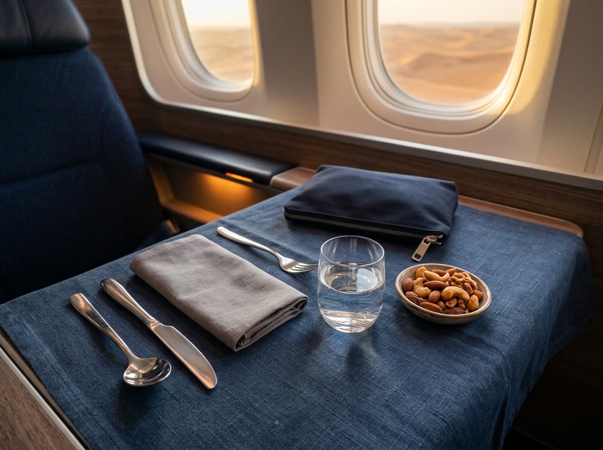 A tray with linen, cutlery, a napkin, a water glass, a dish of nuts and a plain amenity pouch.