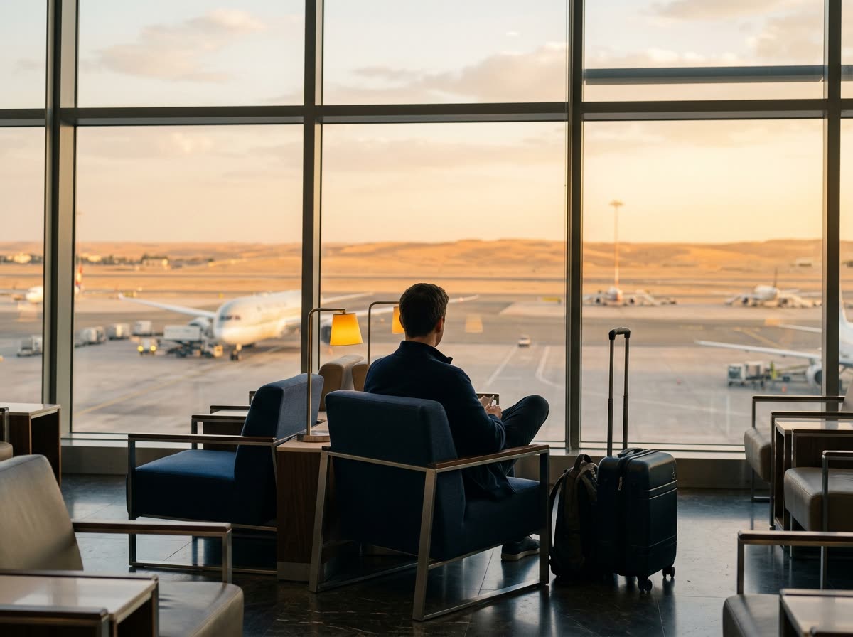 A traveller sits facing away in a lounge chair beside a carry-on, looking out at the airport apron.