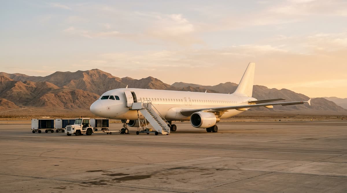 A plain white twin-engine jet parked on an apron at golden hour with airstairs and ground carts.