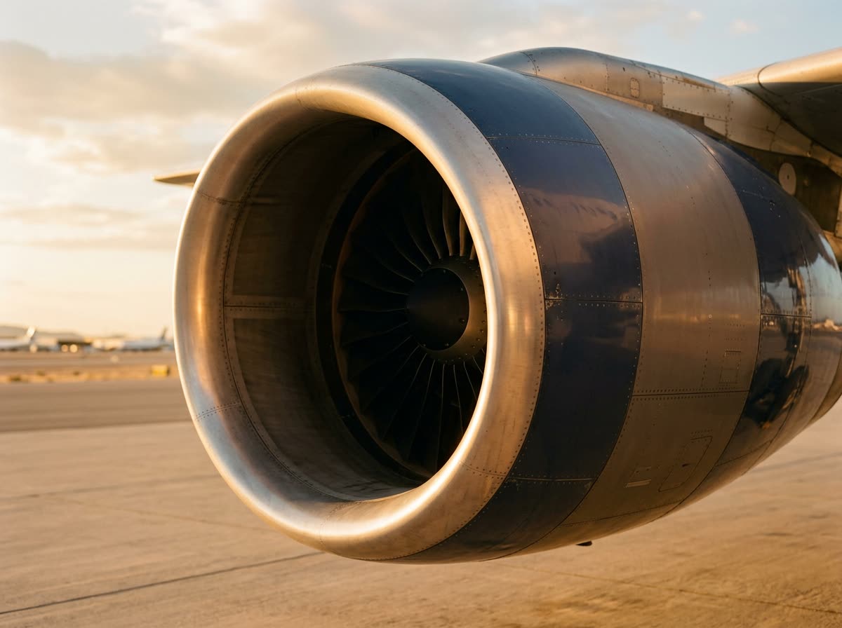 Close-up of a jet engine intake lip and fan blades with panel lines across the cowling.