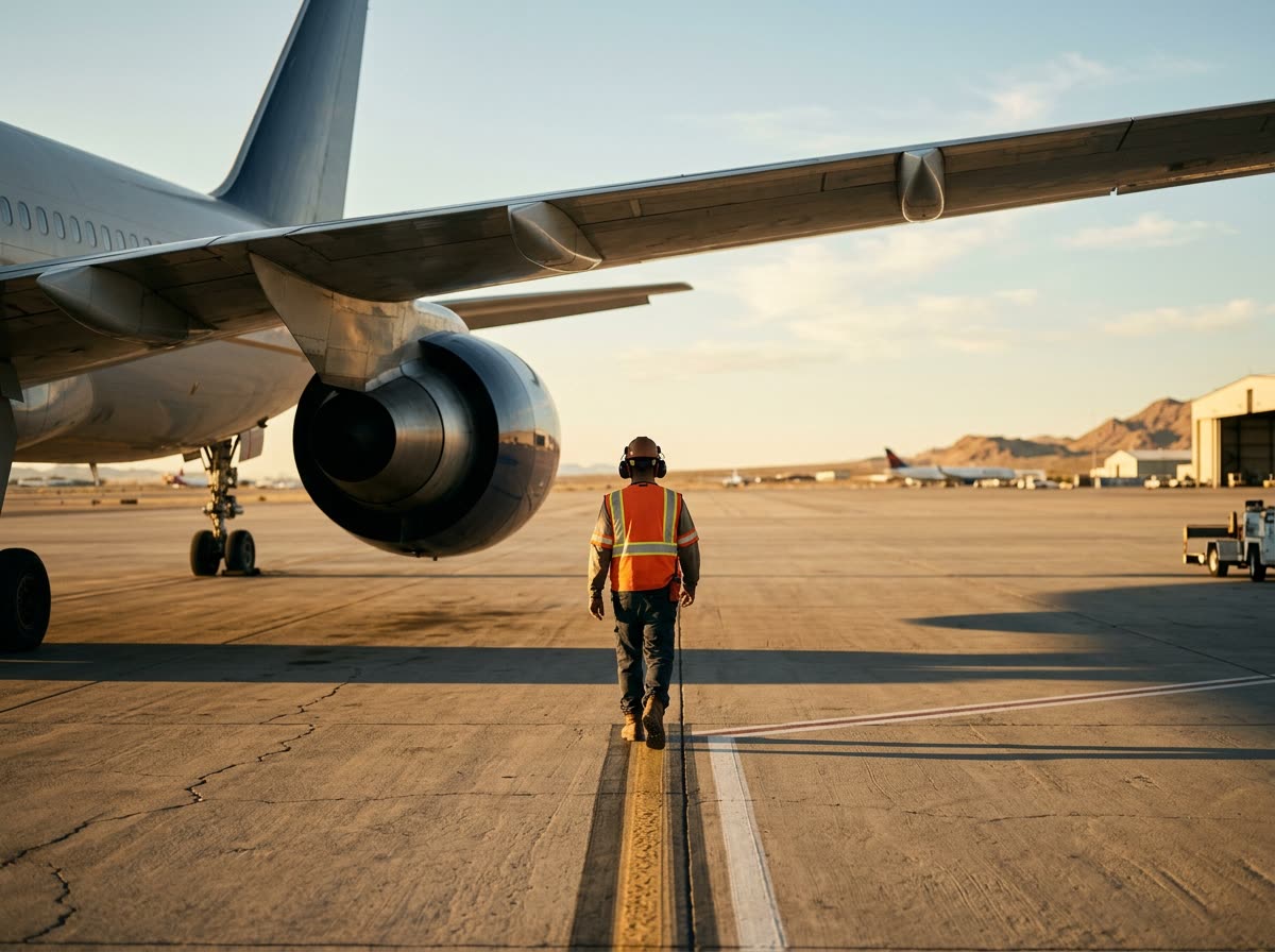 A ground crew member in a high-visibility vest walks beneath the wing of a parked jet.