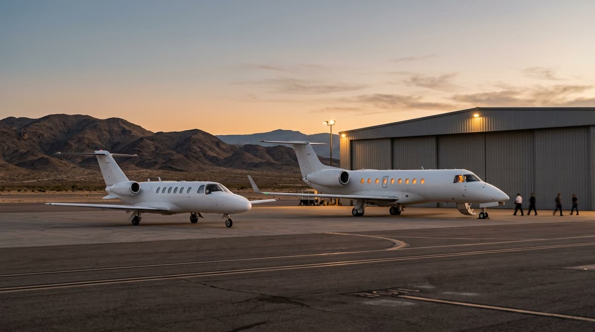 A business jet and a larger charter jet parked on a ramp outside a hangar at dusk.