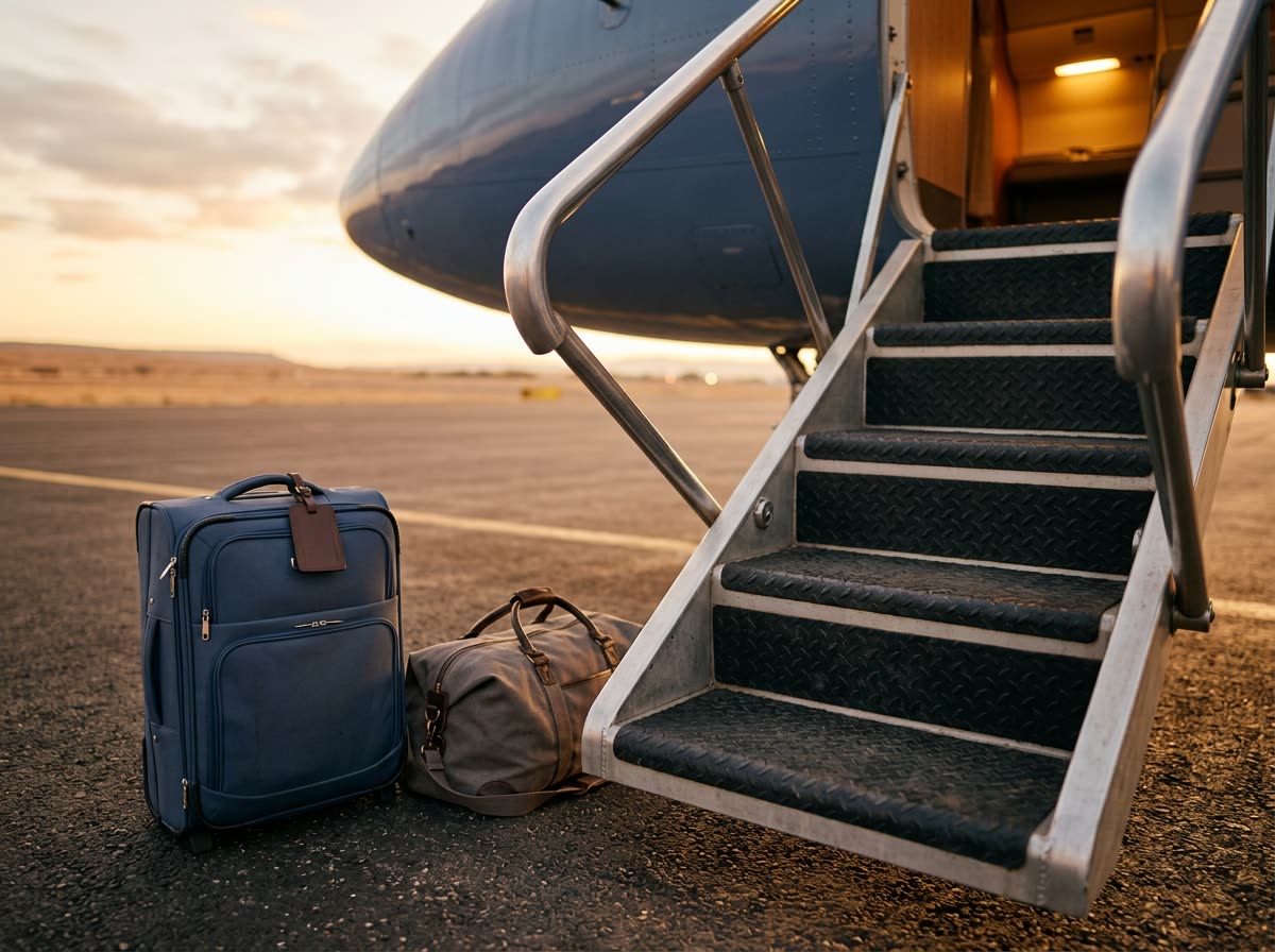 Airstair treads and handrail with a suitcase and duffel waiting on the tarmac below.