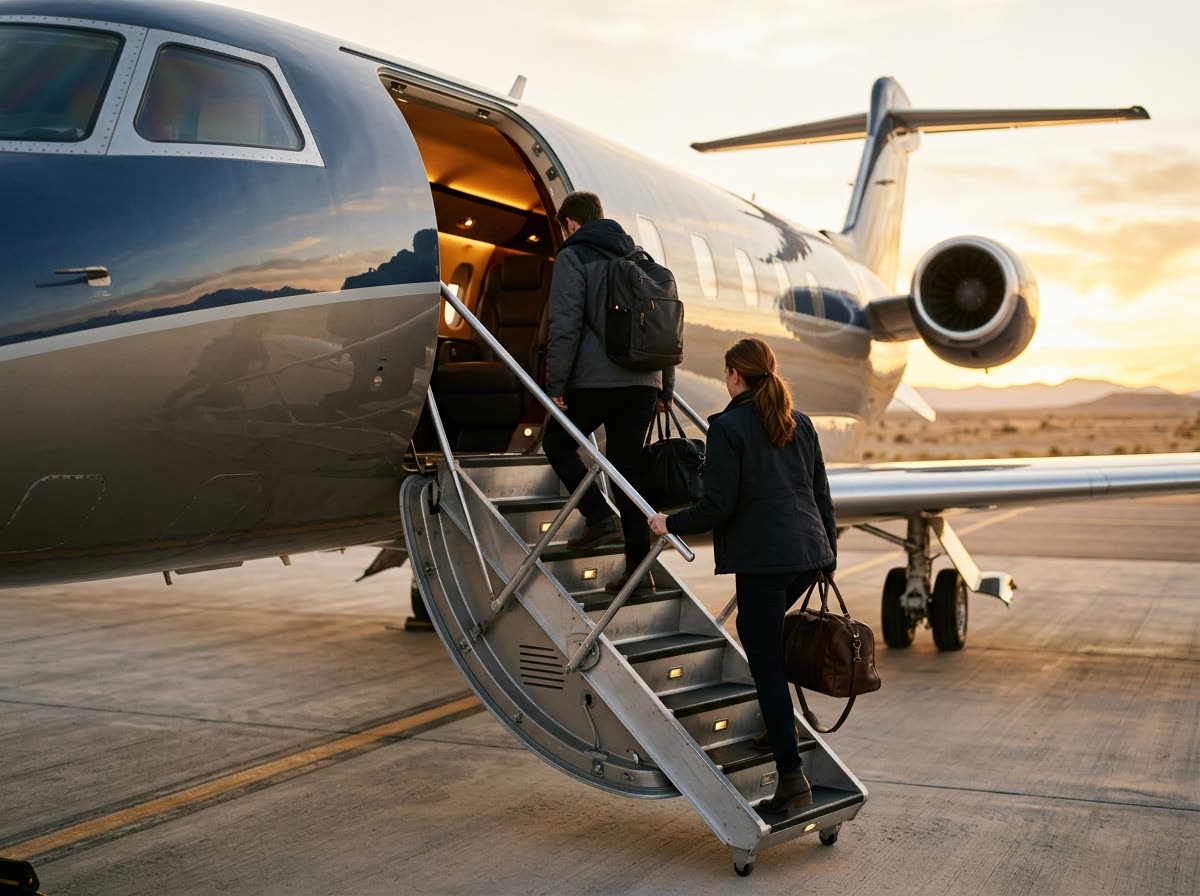A small group climbs the airstairs to board a jet, seen from behind with bags in hand.