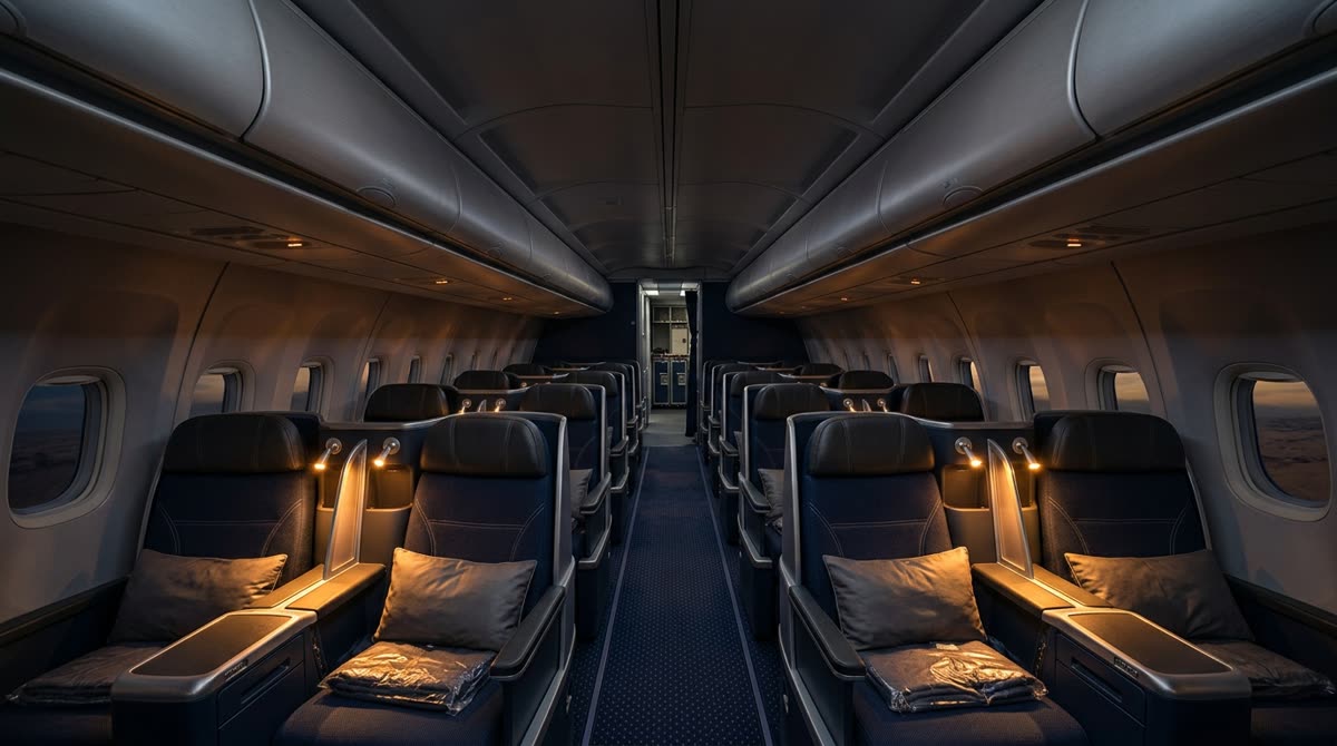 A dimly lit aircraft cabin in flight with amber reading lights and window shades half drawn.