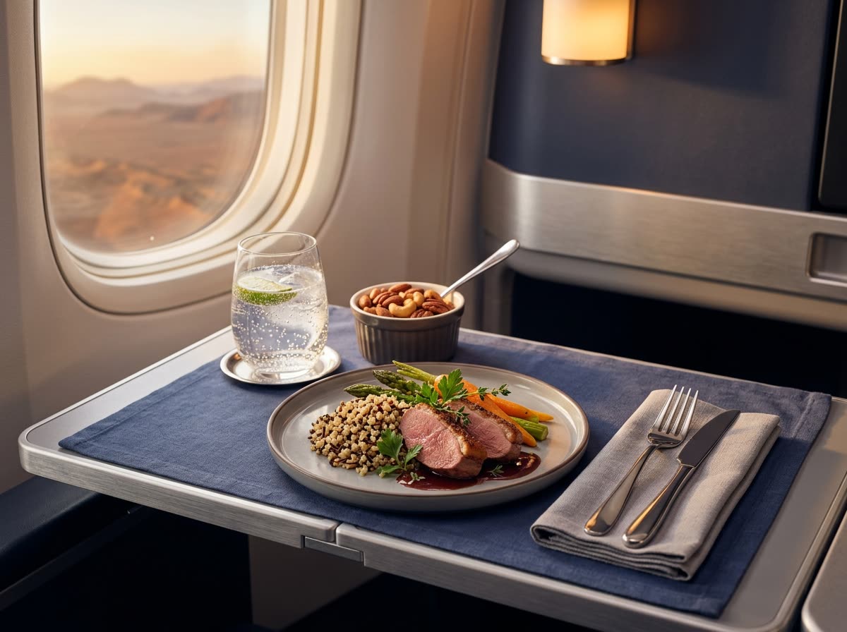 An in-flight tray with a linen cloth, plated meal, cutlery, a glass of water and a dish of nuts.