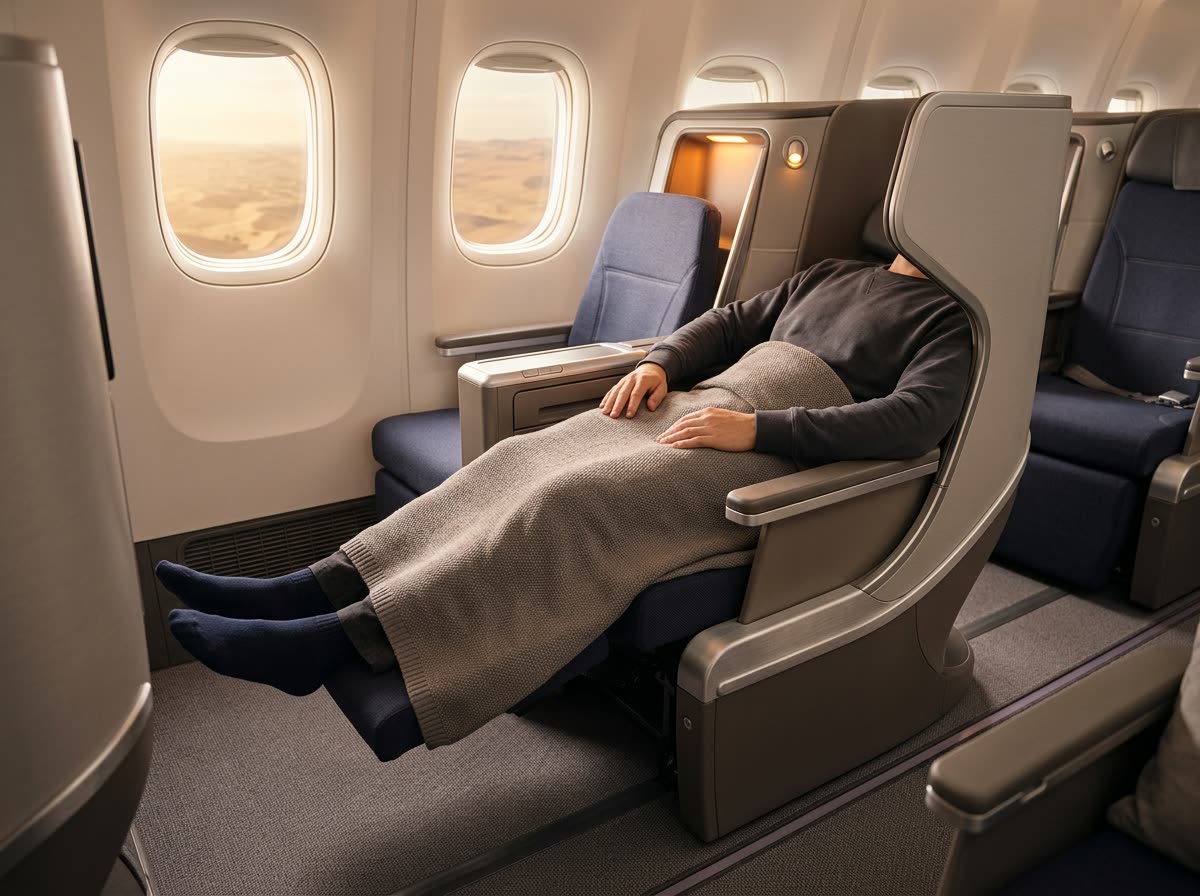 A passenger reclines with legs extended and a blanket on their lap, head turned out of frame.